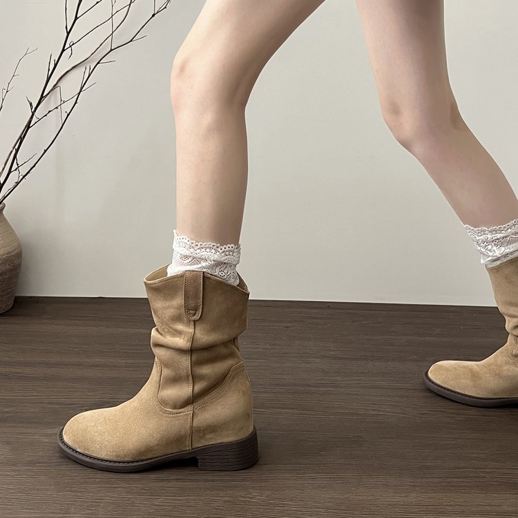 2025 New Women Block Heel Mid-Calf Slouch Boots, Maillard Western Style Martin Ankle Boots For Autumn product image