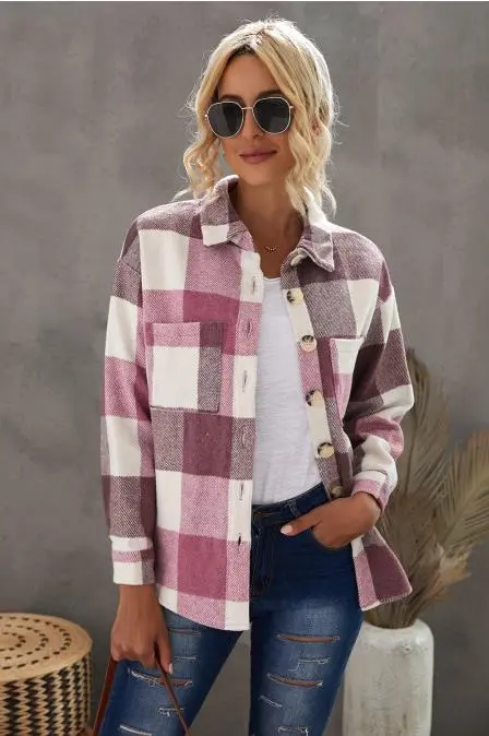 Casual Long sleeved Lapel Loose fitting Blouse Plaid Woolen Coat Pink - Shop at LoveMi