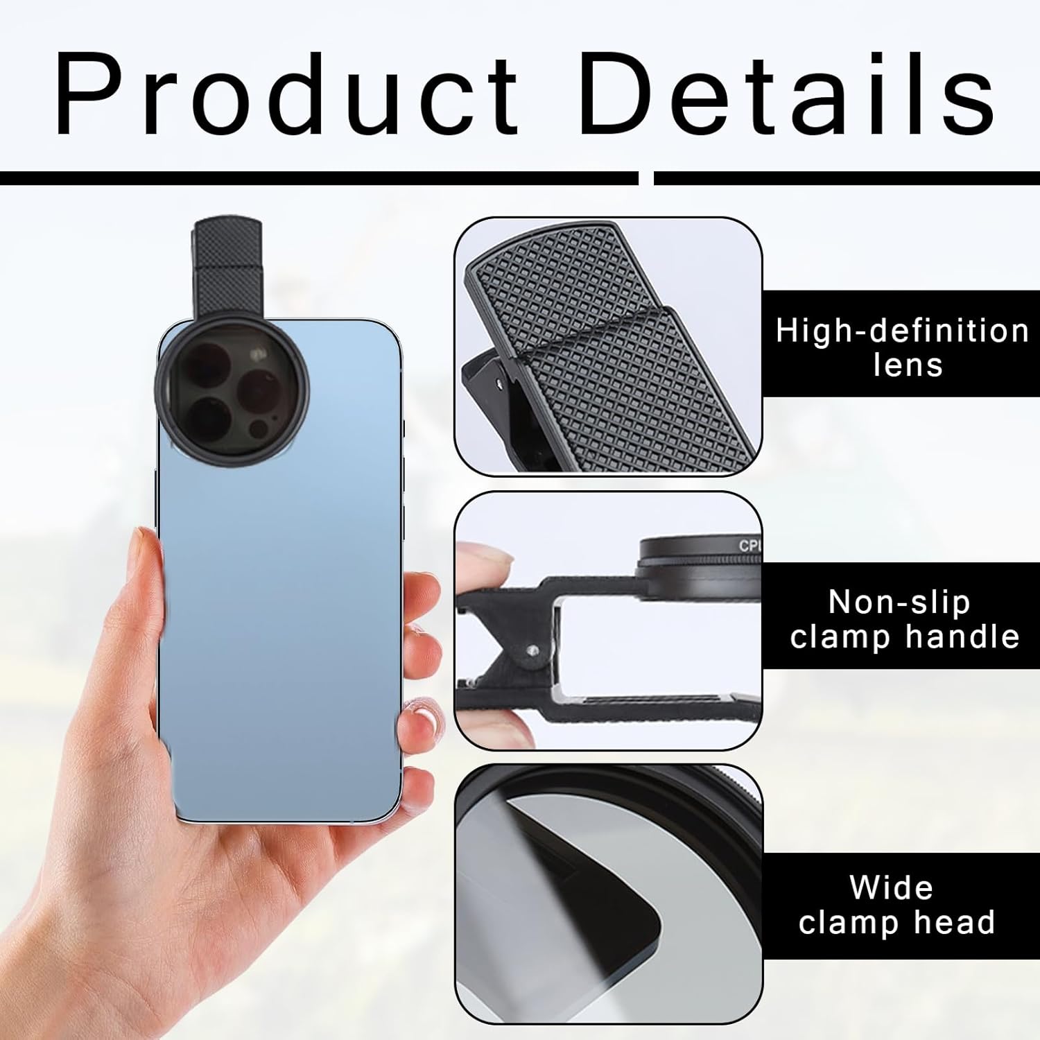 52mm Professional Phone Camera Clip With Macro Lens CPL Star Variable ND Filter For All Smartphones Aluminum Alloy Thread - With CPL Filter,Round Hole thumbnail 3
