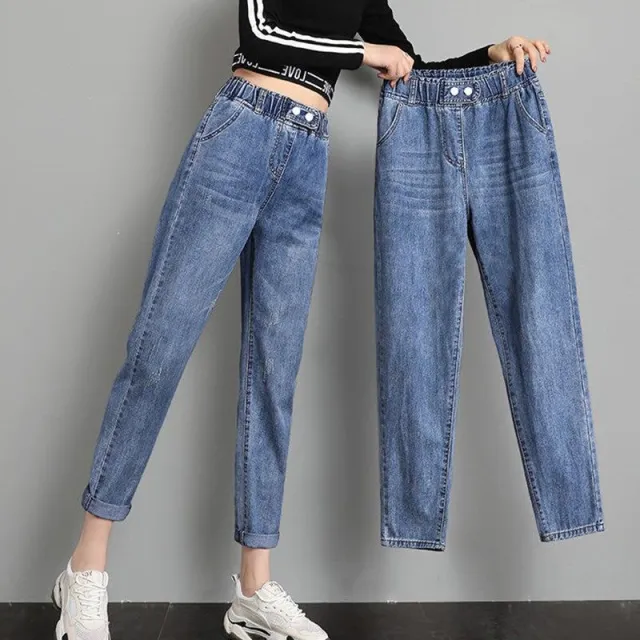 Thin Elastic High Waist Ripped Nine point Radish Harem Pants Blue - Shop at LoveMi