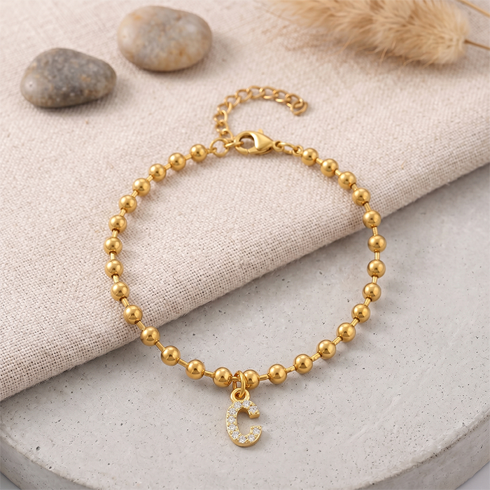 A-Z Initial Letter Bracelet For Women, 18K Gold Plated Stainless Steel Beaded Chain, Sparkling Glass Rhinestone Alphabet Charm Jewelry
