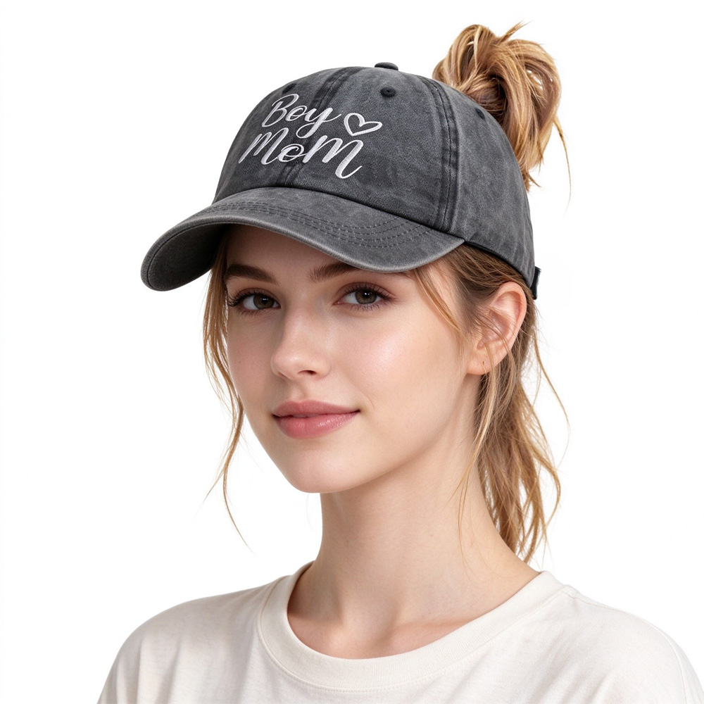 Boy Mom ponytail baseball cap lifestyle photo worn at outdoor sports event