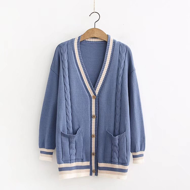Knit Cardigan Embroidered Balloon Sleeve Loose Sweater Jacket Blue Solid Color - Shop at LoveMi