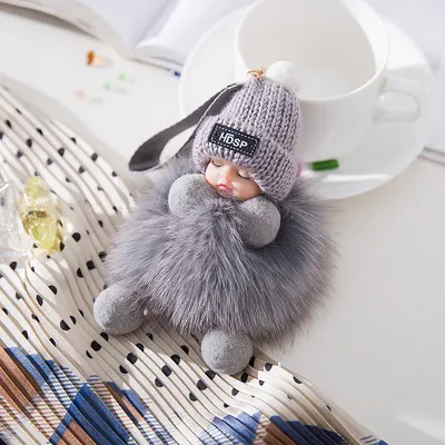 Fox Fur Fur Pendant Sleeping Baby Backpack Fur Pendant Jewelry Key Bag Bag Pendant Light Grey - Shop at LoveMi