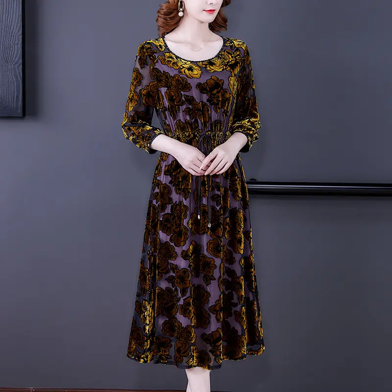 Long Sleeve Gold Velvet Dress High-end