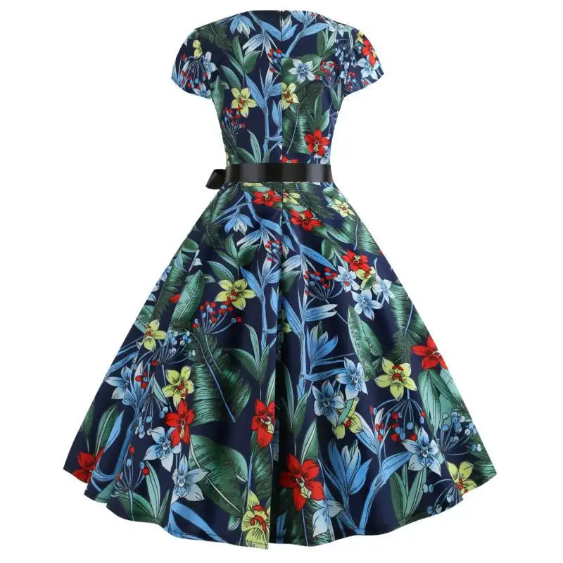 Printed Short Sleeve Lace-up Large Swing Dress