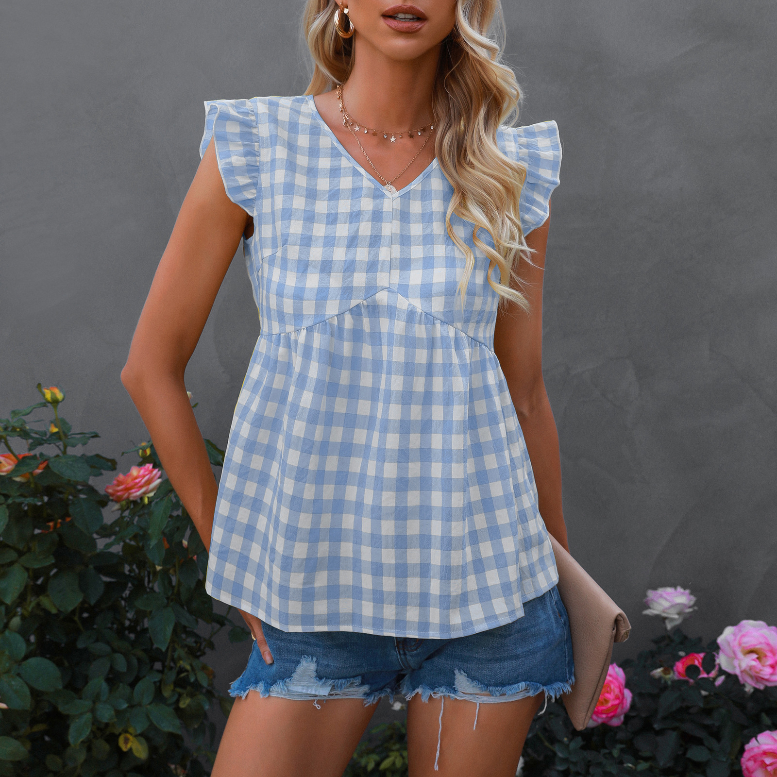European And American Women's V-neck Sleeveless Plaid Top