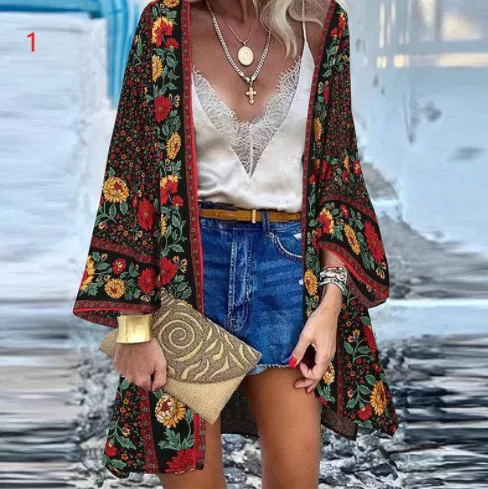 Casual Resort Doll Sleeve Cardigan Print Top Cardigan 1Color - Shop at LoveMi