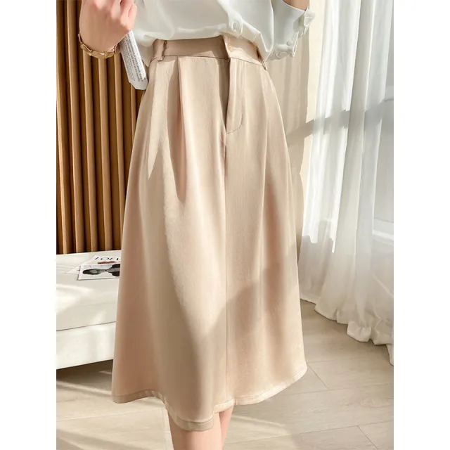 Women's High Waist Triacetate Loose Aline Skirt MidLength Chiffon Satin Drape Champagne - Shop at LoveMi
