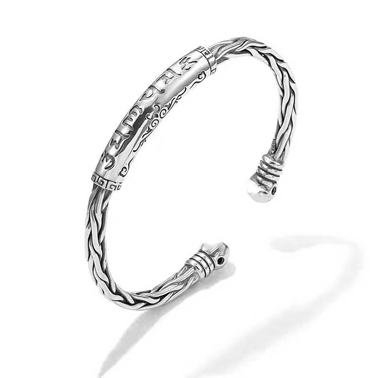 1pcs 925 Sterling Silver Tibetan Script Braided Open Bangle, Antique Ethnic Style, Ideal For Birthday Holiday Gifts