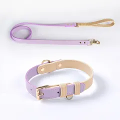 Leather Pet Dog Leash Collar Set - Purple - View 1