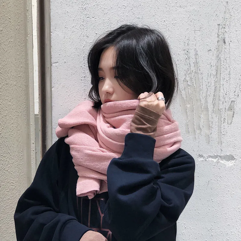 Women's Versatile Fashion Solid Color Knitted Woolen Scarf - Pink