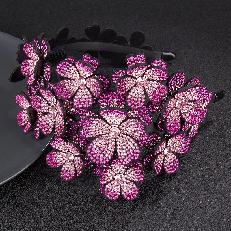 Flower Wide Edge Rhinestone Big Headband High-grade Diamond-studded Colour Non-slip Hair - Rose Red