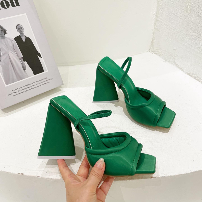 Fashion Triangle Heel Thick Heel Sandals Foreign Trade 41 Square Toe High heeled Women's Shoes Green - Shop at LoveMi