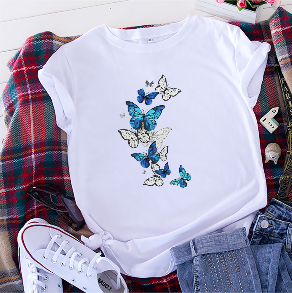 Women's Fashion Flying Butterfly Print Cotton Round Neck Short-sleeved T-shirt