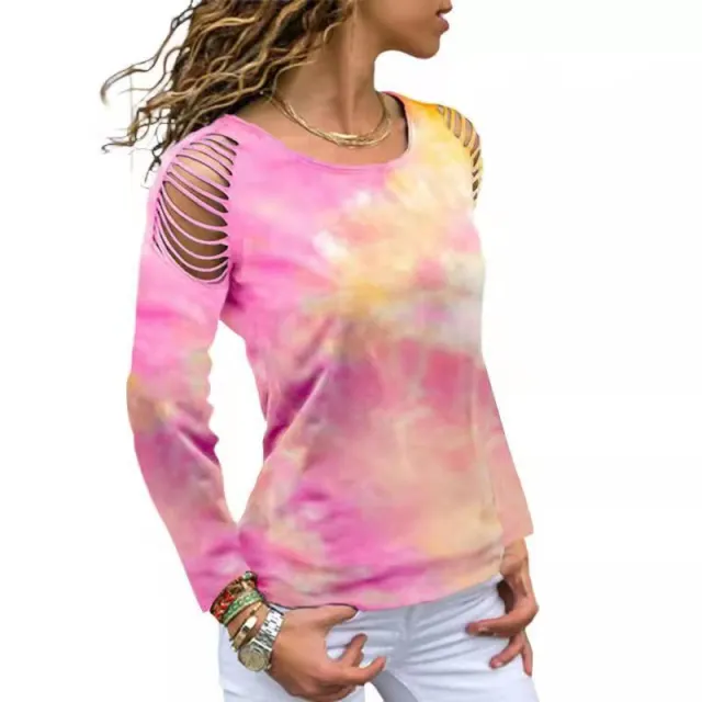Tie Dye Ripped Floral Off The Shoulder Long Sleeve Tshirt Pink - Shop at LoveMi