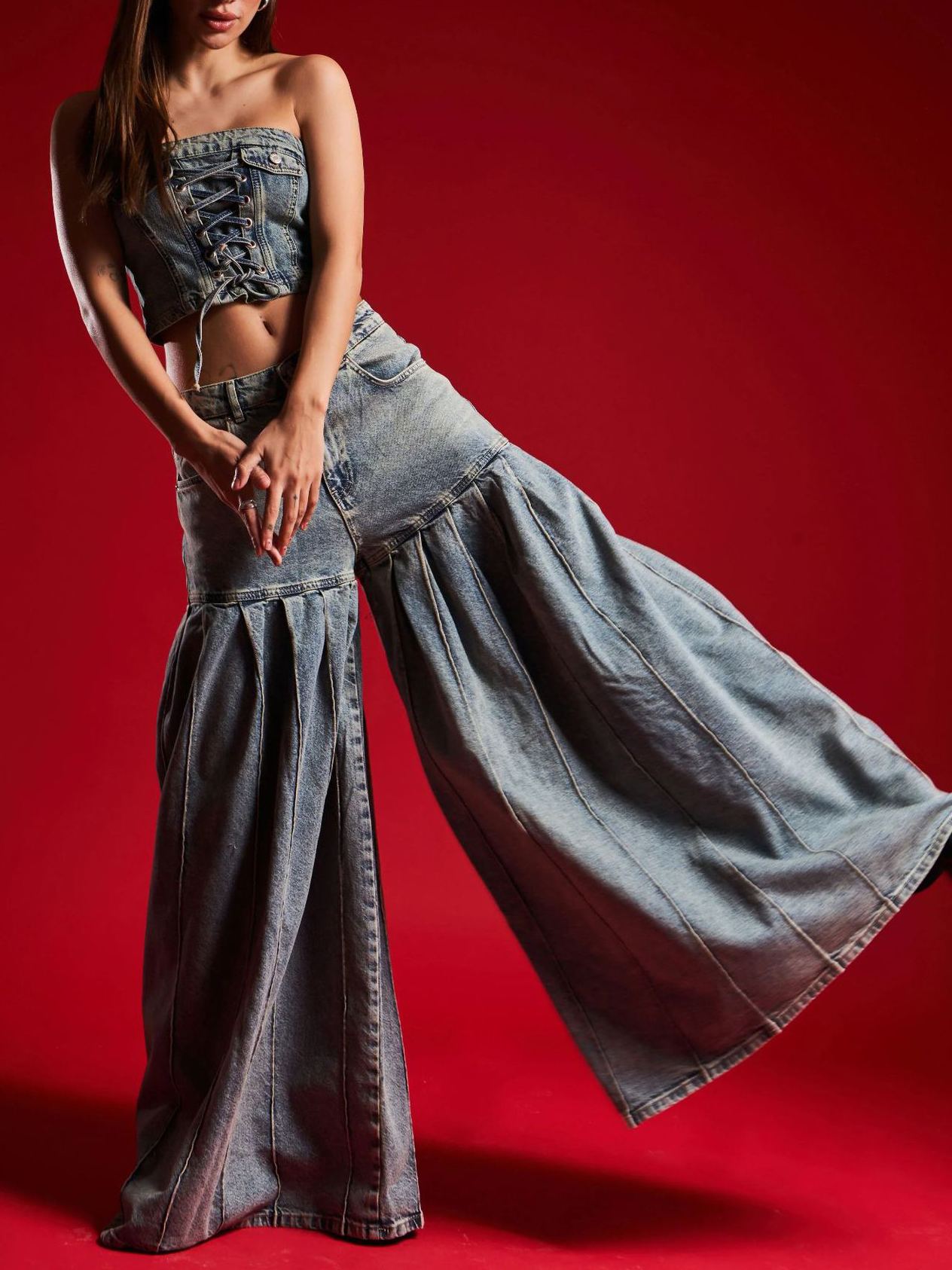 Strapless Denim Corset Crop Top & High - Waisted Pleated  Wide - Leg Pants Set