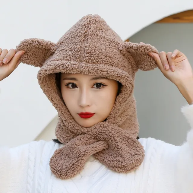 Hat Women Scarf One Autumn And Winter Plus Velvet Warm Plush Light Coffee - Shop at LoveMi