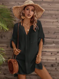 Sleeve Pocket Patched Cover Up Dress,Summer Beac - Black - View 1