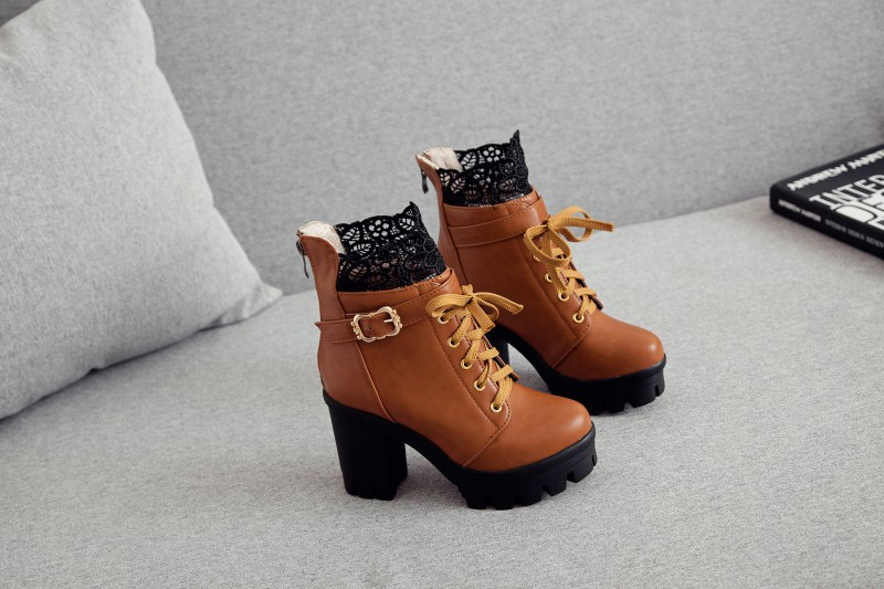 Title 6, Lace Ankle Boots Lace-up Square Heeled Shoes Wo...