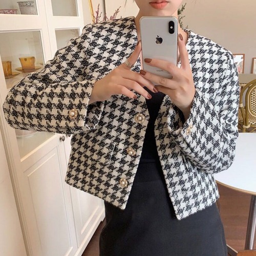 Outer Tower Green Houndstooth Pearl Button Small Fragrant Wind Short Jacket