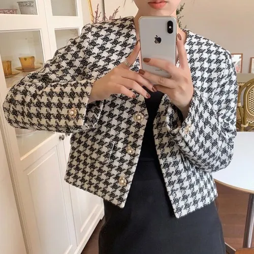 Outer Tower Green Houndstooth Pearl Button Small Fragrant Wind Short Jacket Black - Shop at LoveMi
