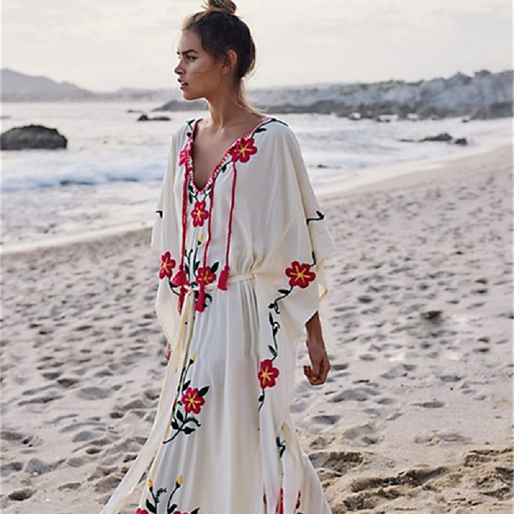 Floral Embroidered V-Neck Doll Sleeve Holiday Dress — image 1