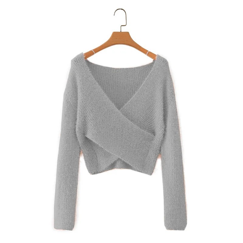 Furry Cross V-neck Long Sleeve Top Sweater Sexy Navel Knit