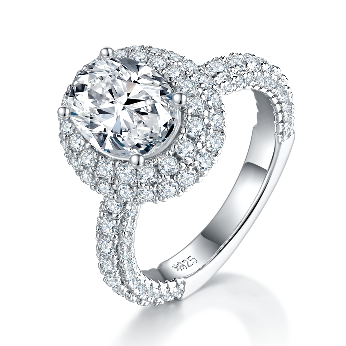 S925 Sterling Silver 2ct Oval Moissanite Ring, 7x9mm D-VVS1 Double Halo, Platinum Plated 5.3g US Sizes 5-9, GRA Certificate Gift Box