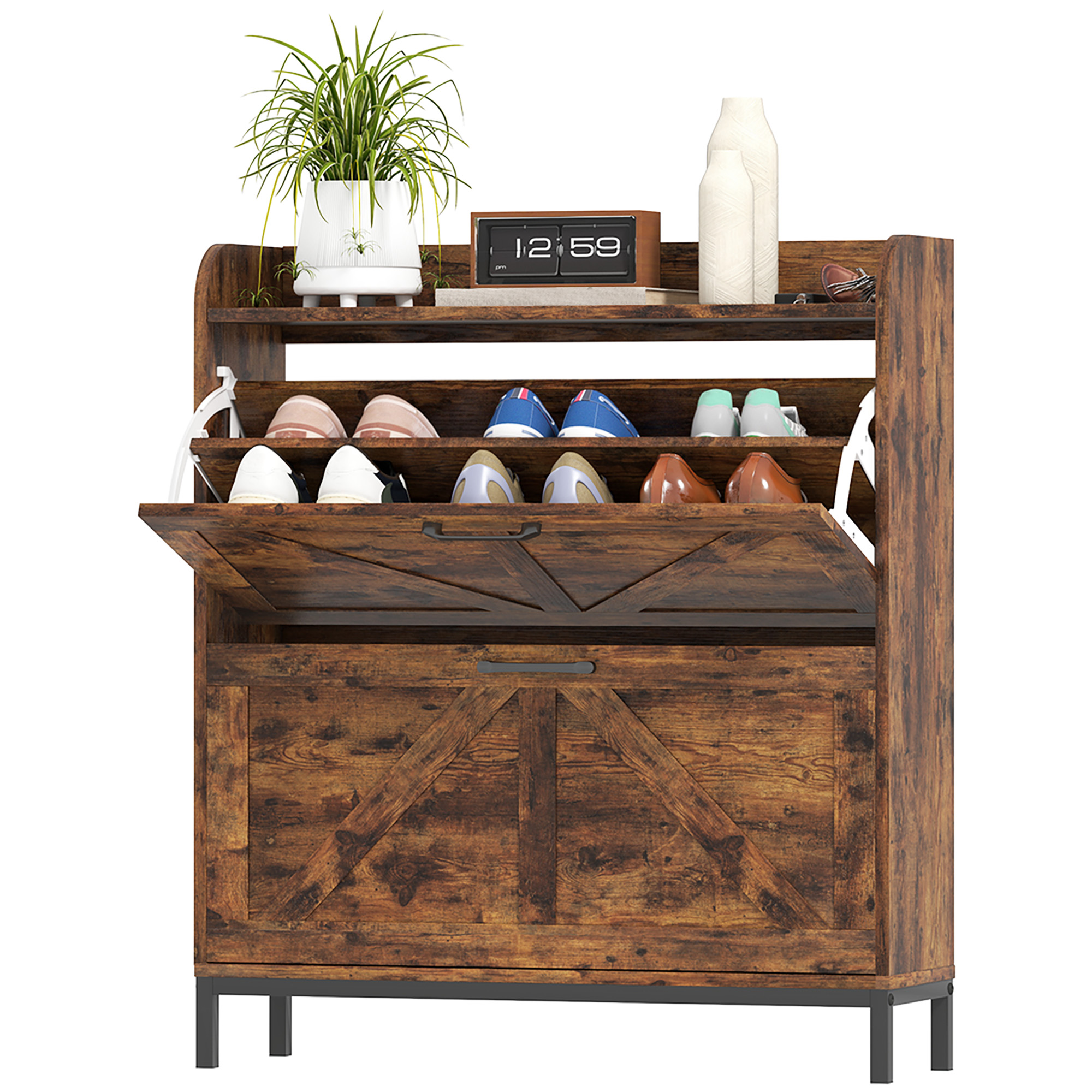 Shoe Cabinet Organizer With 2 Flip Drawers, Legs, Narrow Shoe Storage Cabinet For Entryway, Hallway, Rustic Brown Brown - Shop at LoveMi