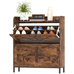Shoe Cabinet Organiser With 2 Flip Drawers, Legs, Narrow Shoe Storage Cabinet For Entryway, Hallway, Rustic Brown - Brown - View 1