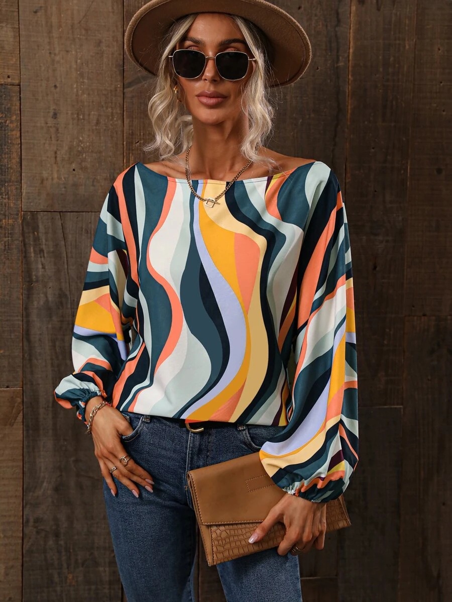 Title 9, Summer Painted Off-shoulder Bishop Sleeves Top