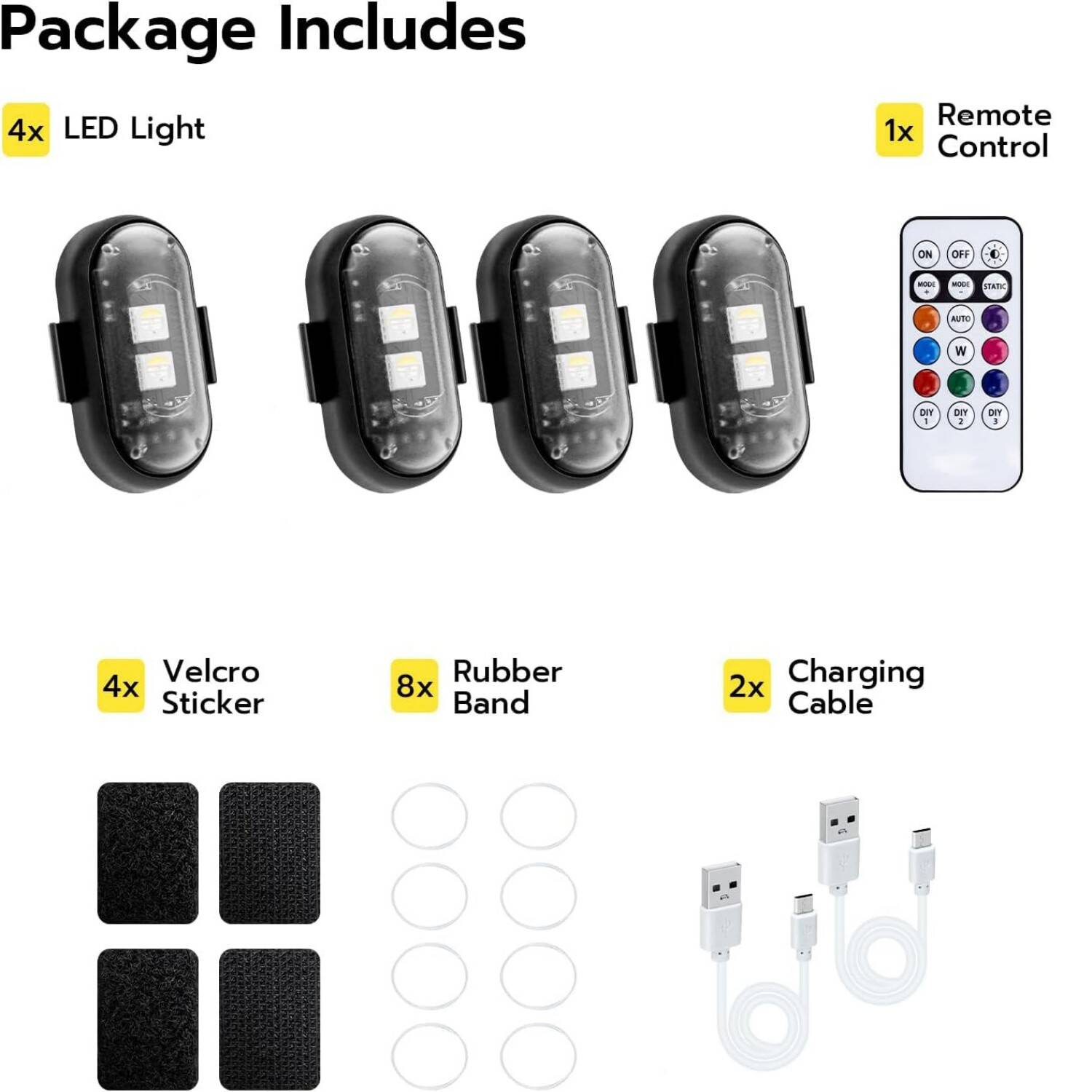 4PCS Wireless Car Interior LED Lights With Remote 7-Colour LED Lights For Signal Reminder & Decoration Multi-Scene Use For Car Interior, Motorcycle & Temporary Needs Portable LED Light Set