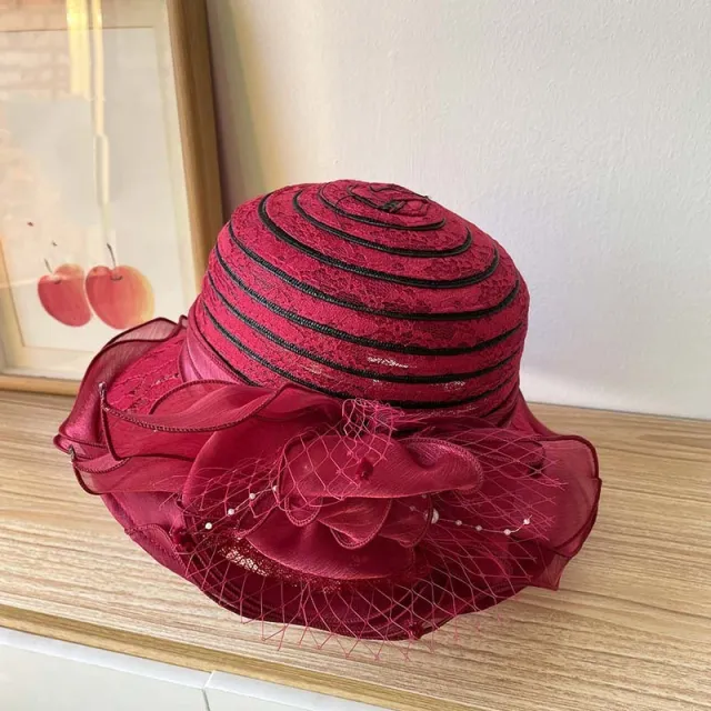 Mesh Straw Embroidered Beach Hat Wine Red - Shop at LoveMi