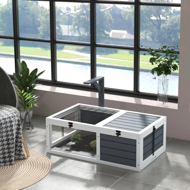 Tortoise Habitat, Wooden Tortoise House W Lamp Holder, Gray