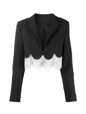 Heavy Industry Tassel Diamond Chain Black Suit Jacket Women