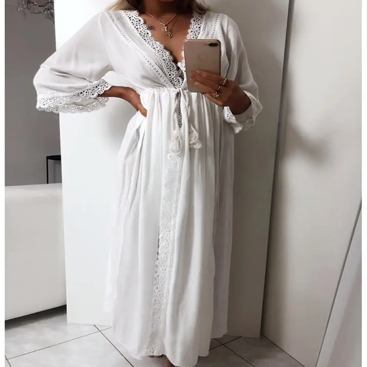 Sleeve Lace Elastic Waist Cardigan Dress
