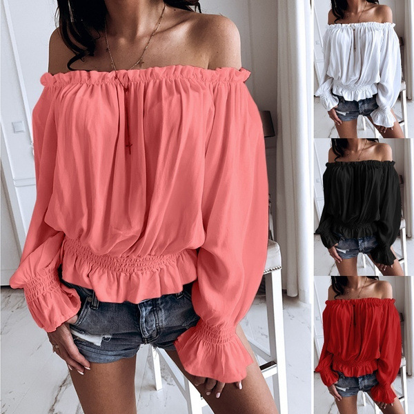 Title 3, Slim Casual One-line Collar Off-shoulder Solid ...