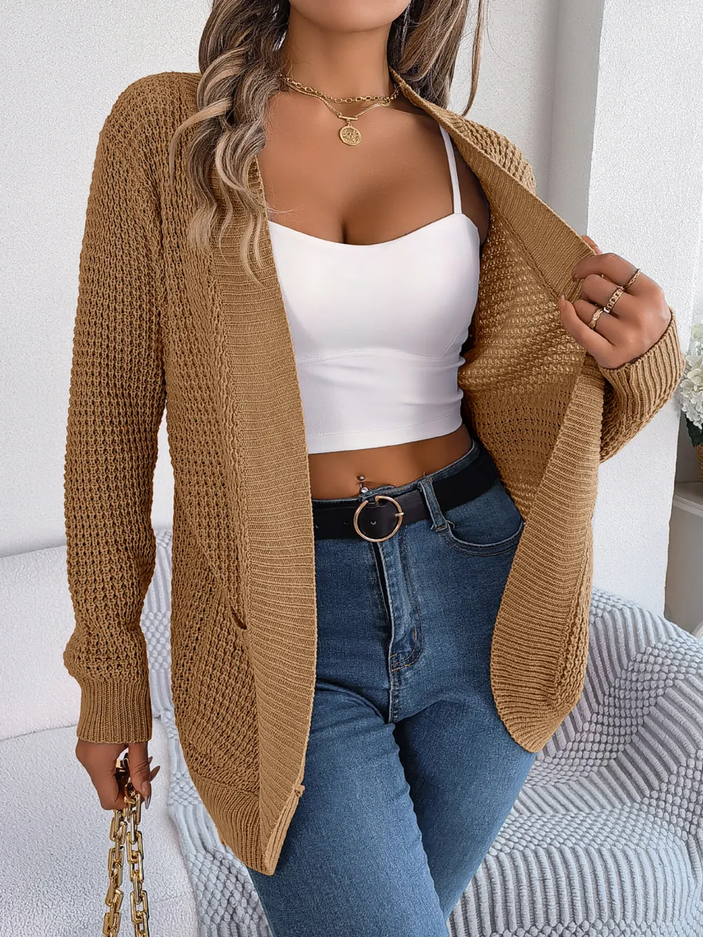 Women Casual Pocket Long Sleeve Knit Cardigan Sweater