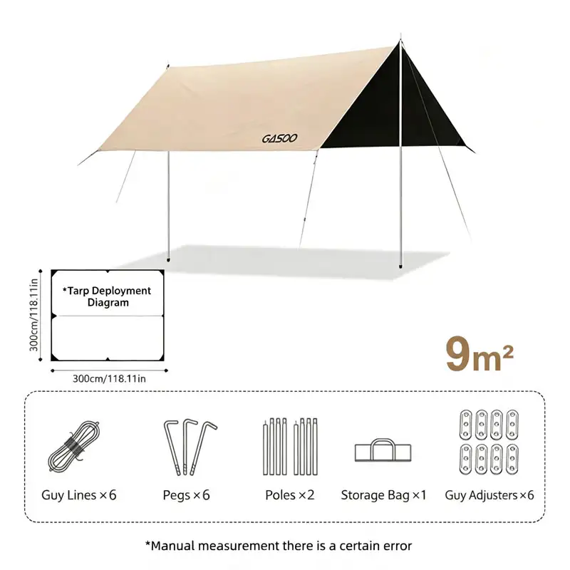Black Coated Camping Tarp Tent, Large Waterproof UV Block Canopy, Sun Protection Outdoor Shelter For Camping, Picnic, Car Travel, With Complete Accessories