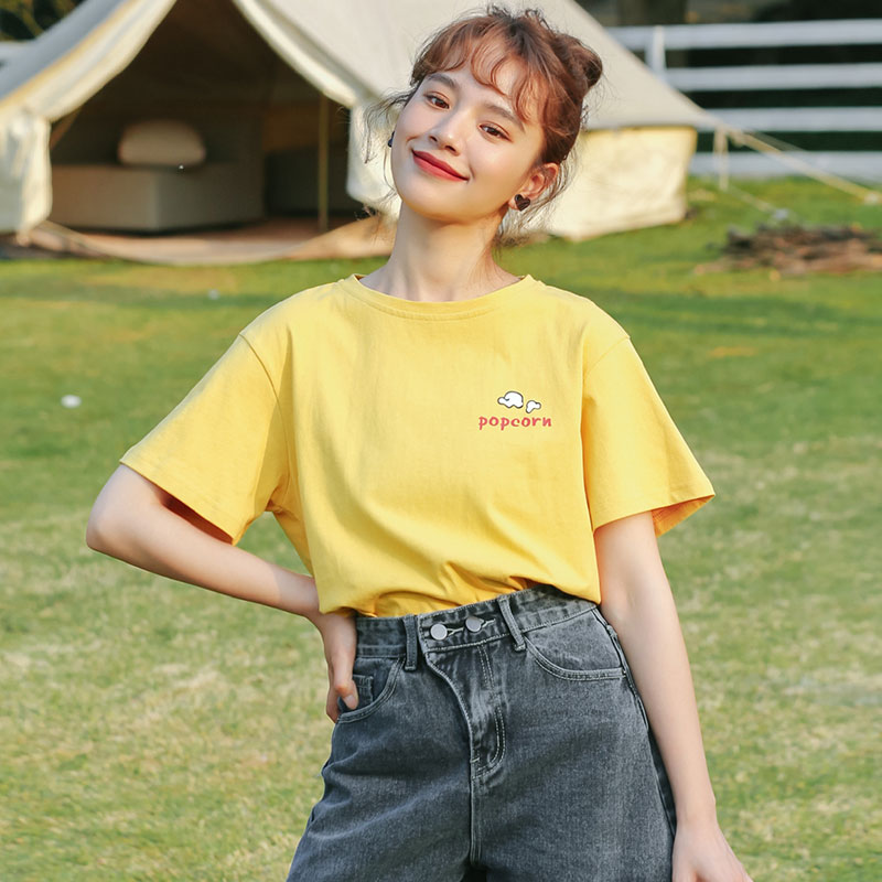 Women's Short-sleeved T-shirt Loose Tie Design Printing Korean Version