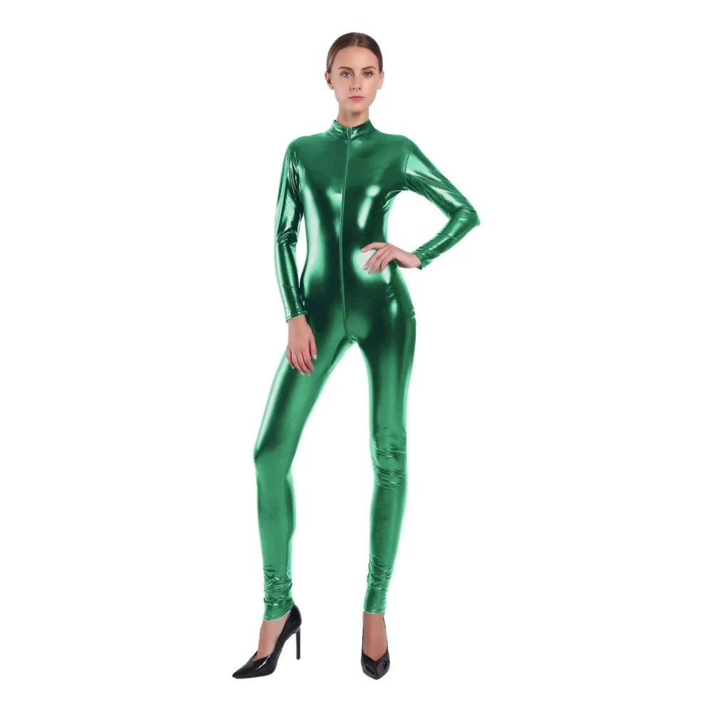 Women's Rubberized Faux Leather Shiny Bodysuit - Green