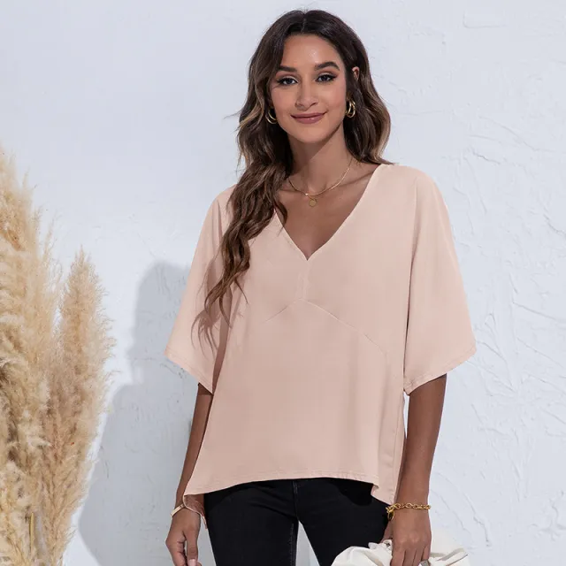 V Neck Simple Stitching Solid Color Top T Shirt Apricot - Shop at LoveMi
