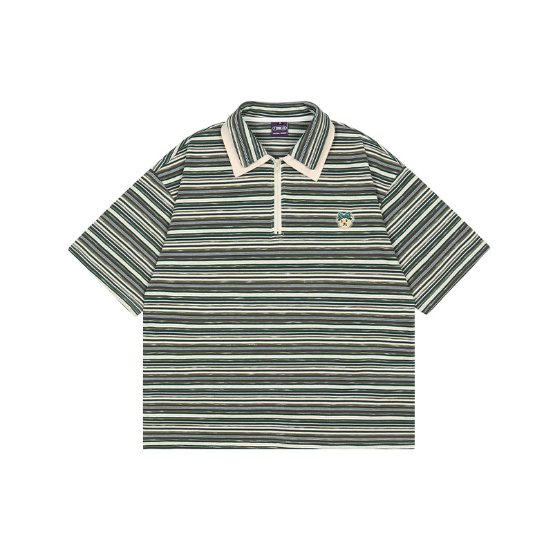 Striped Polo Lapel Short Sleeve T Shirt Green - Shop at LoveMi