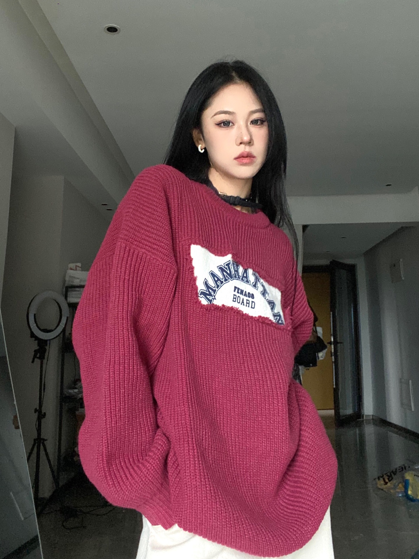 Irregular Splicing Round Neck Knitting Sweater For Women