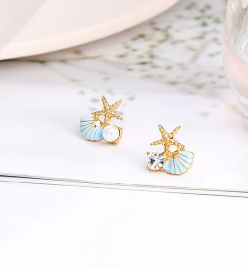 S925 Silver Needle Starfish Shell Pearl Earrings