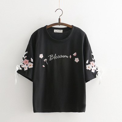 Title 2, Lace-up Flower Embroidery Cotton Loose Short-sl...