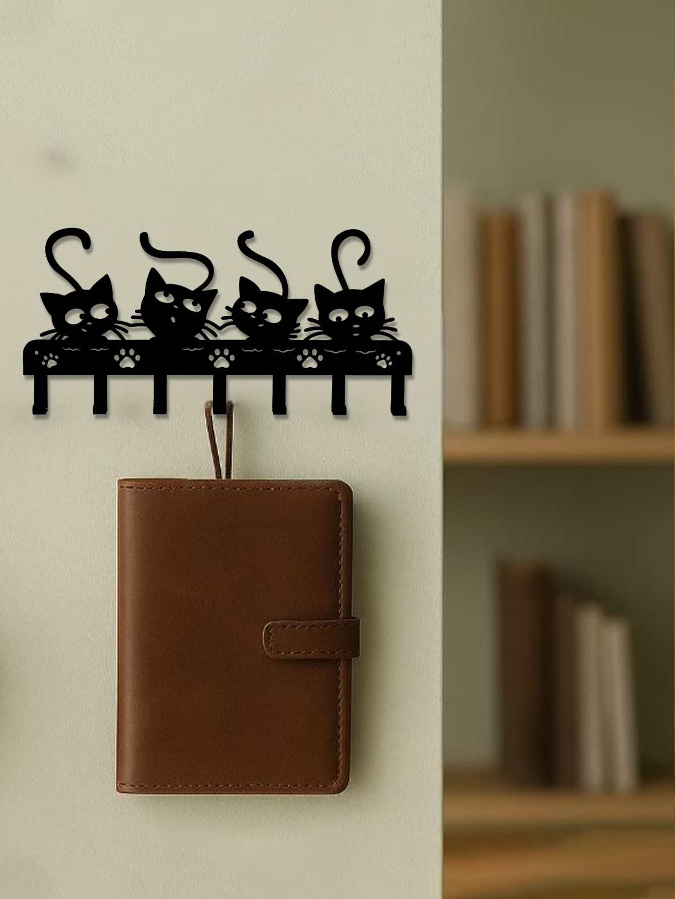1pc Black Cats Wall Hooks Key Holder W 7 Hooks - Black Iron Wall-Mounted Rack_voghion.com