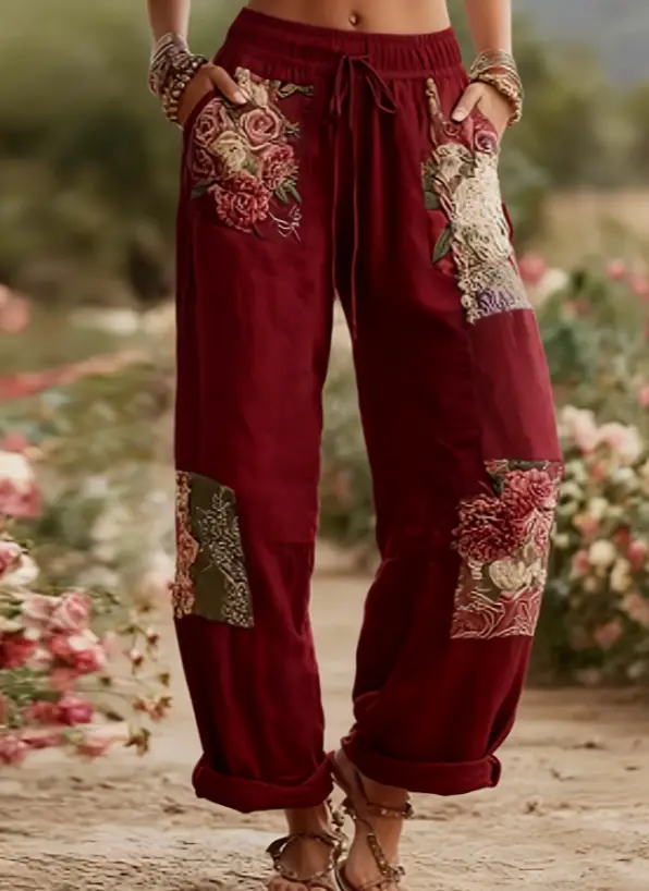 Cotton And Linen Style Elastic Waist Floral Pants