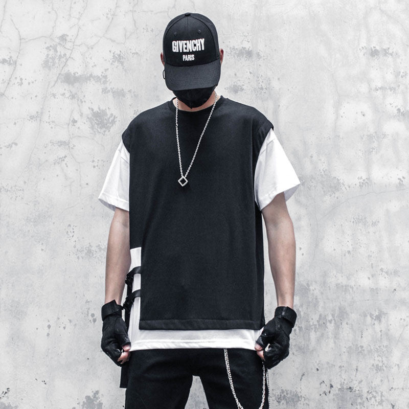 Trendy Fake Two-piece Tooling Dark Function Round Neck Streamer Men Short Sleeves